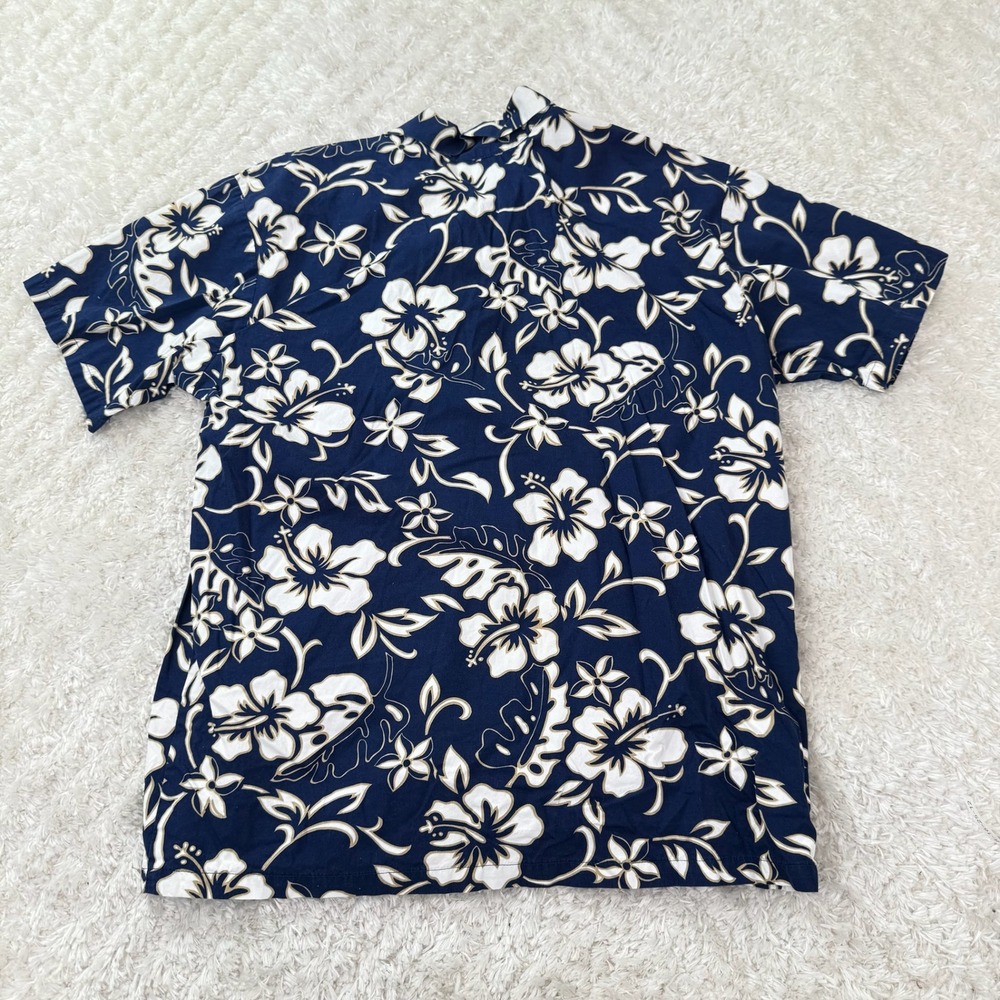 Hilo Hattie Hawaiian Shirt Mens XL Blue White Floral Aloha Hawaii Vintage Y2K